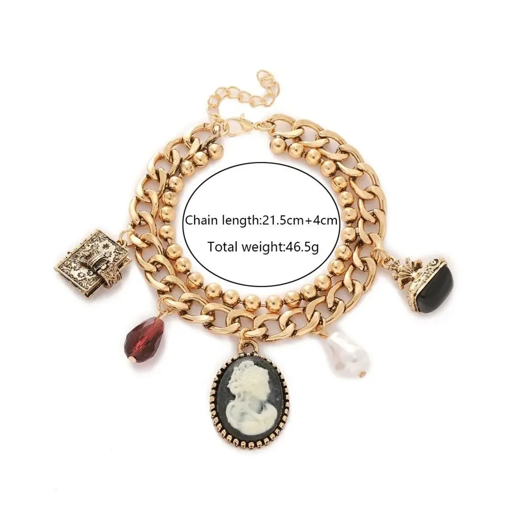 Vintage Style Gold Charm Bracelet Cameo Pearl Red Crystal Chunky Coquette Gift